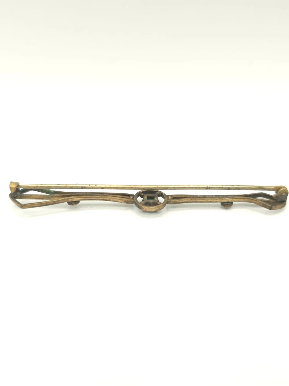 Antique Bar Brooch Gold Tone Green Stone Faux Pearl Edwardian Art Deco 2-7/8